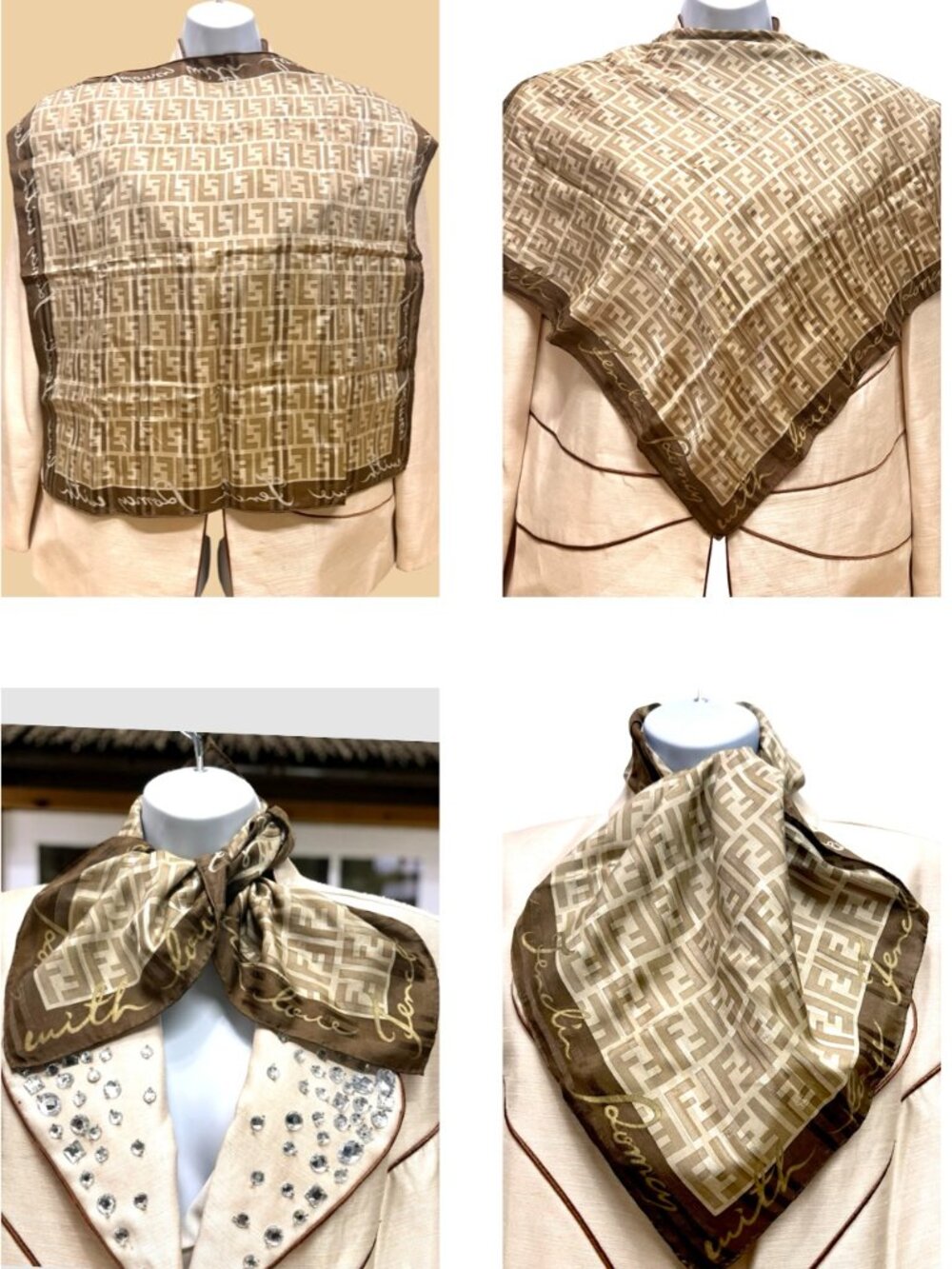 FENDI Zuca Mini Scarf/Bandana Silk 22.5" Beige Brown Logo FF Stiped (35 - Picture 10 of 13